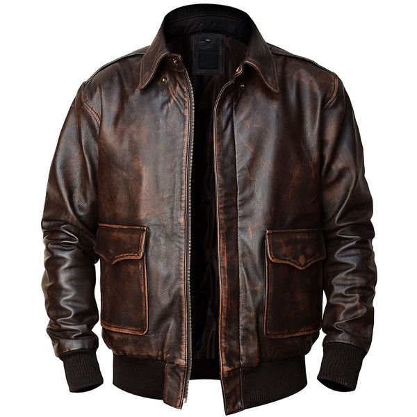 Genuine Sheepskin Bomber Leather Jacket Men Motorcycle Leather Jackets Brown Color Men's Leather Jacket