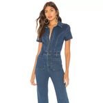 Fashion Dark Blue Turn Down Neck Short Sleeve Buttons Flare Legging Women Denim Jumpsuits
