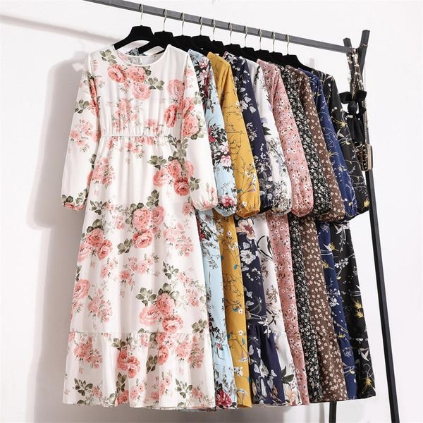 Elegant Floral Print Women Dress Spring Summer Casual O Neck Long Sleeve Chiffon a Line Long Maxi Dress Party Vestidos
