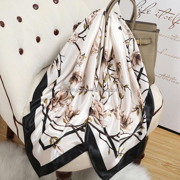 Women's High Fashion Large 90x90 Square Polyester Silk Scarf New Luxury for Spring Autumn Long Style
