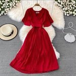 2022 Summer New Fashion Korean Style V-neck Short-sleeved Dress Over the Knee Waist Tie Big Swing Solid Pleated Casual Dress