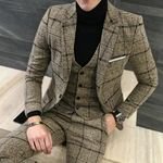 Men Suit 3 Pieces Set Breathable Jacket Vest Pants Checked Grey Groom Suits for Men Wedding Suits