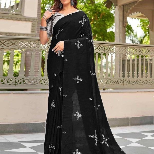 New Collection Soft Muslin Cotton Silk Black Color Saree with Full Sleeves Wedding Saree for Women and Girls Wear