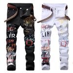 RNSHANGER High Street Mens Jeans Fashion Night Club Black White Color Personal Designer Printed Jeans Punk Skinny Hip Hop Jeans