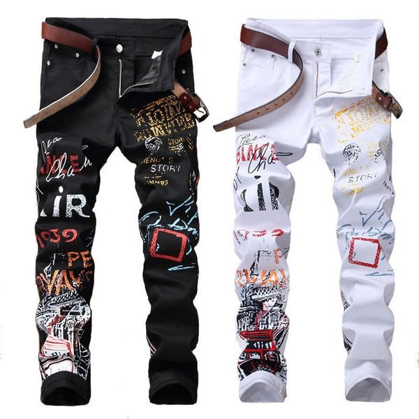 RNSHANGER High Street Mens Jeans Fashion Night Club Black White Color Personal Designer Printed Jeans Punk Skinny Hip Hop Jeans