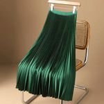 2025 Plus Size Length Summer Women's Midi Pleated Skirts Satin Elastic High Waist Plain Skirt Korean A-line Skirt