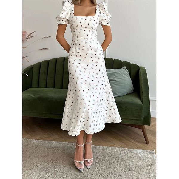 Elegant Flowy Dress Hot Sale S M L Casual Short Puff Sleeve Floral Print A-Line Dress New Fashion Womens Summer Midi Dress